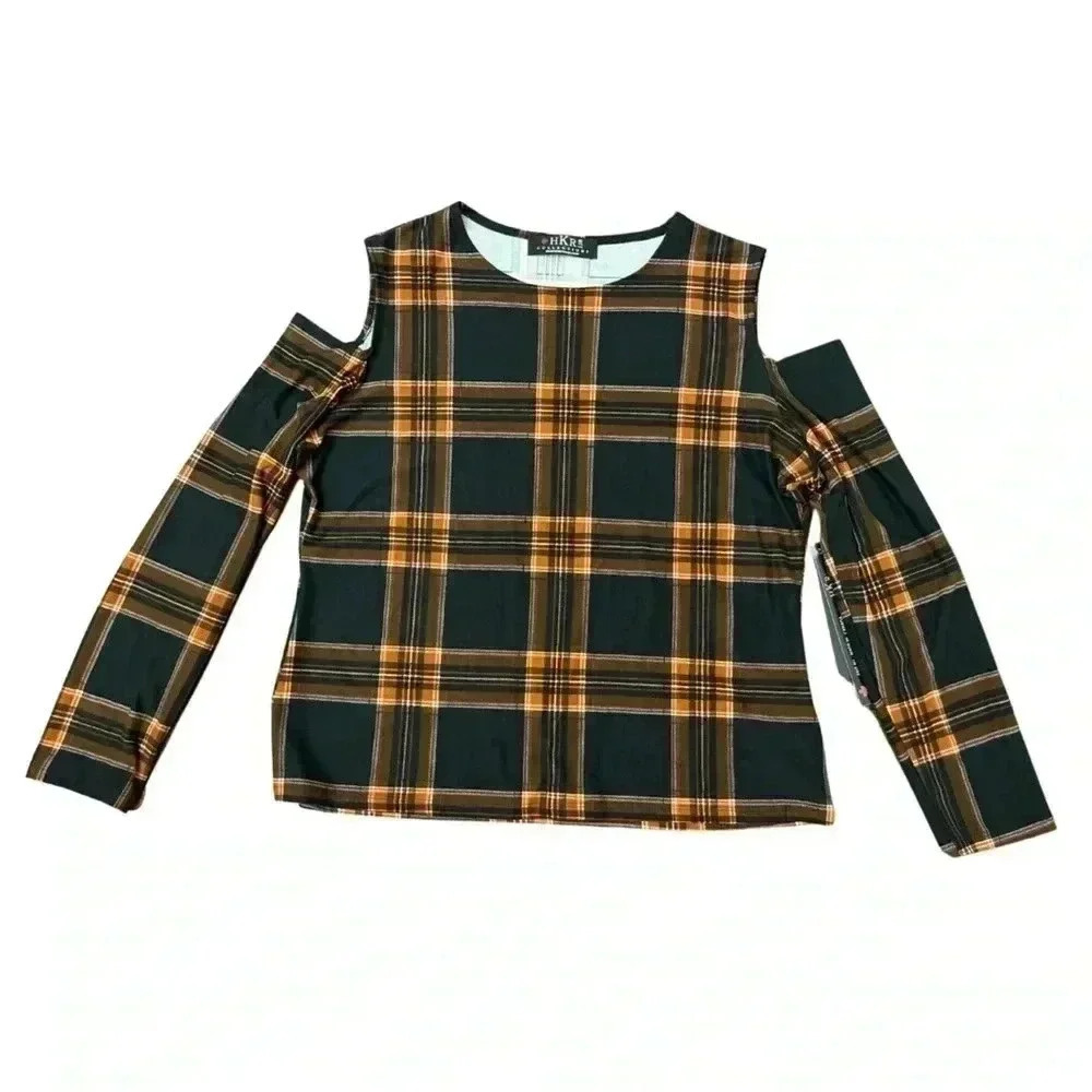 2/$12 HKR Collections Top Size XL Cold Shoulder Black & Rust Plaid Boutique Fall